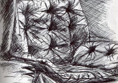 Technical pen illustration of 1970s armchair